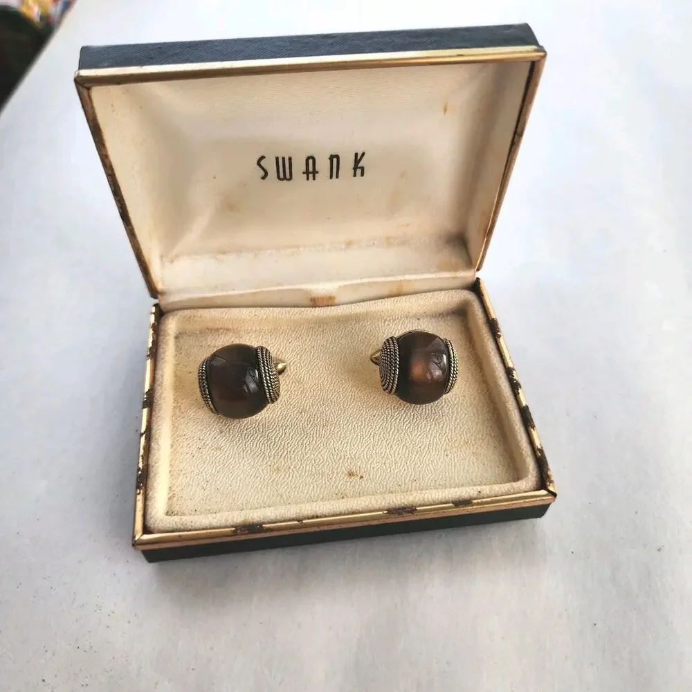 SWANK Vtg Cuff Link Vintage Cufflinks Men's Pair Men's Jewel Brown Cat's Eye New
